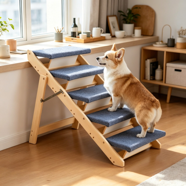 AEELLEEA 5-Step Wooden Pet Stairs for Dogs and Cats, Padded Carpet Steps for Sofa and Bed, 30.7" x 18.5" x 26"