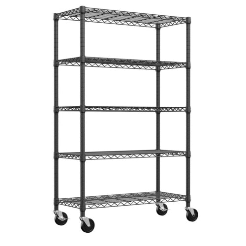 AEELLEEA 5-Tier Heavy-Duty Wire Shelving Unit with Locking Wheels, Black, 47.2" W x 17.7" D x 75.6" H