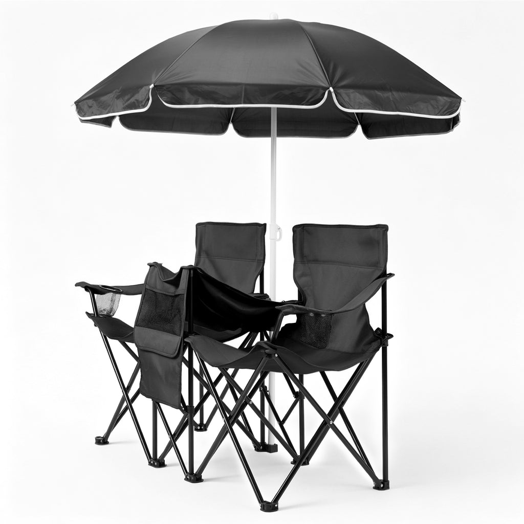 AEELLEEA Double Folding Camping Chair Set with 60" Sun Umbrella, Portable Outdoor 2-Seat Chair for Patio Beach