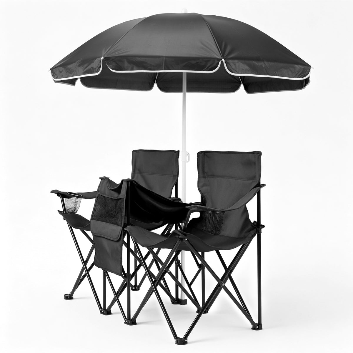 AEELLEEA Double Folding Camping Chair Set with 60" Sun Umbrella, Portable Outdoor 2-Seat Chair for Patio Beach