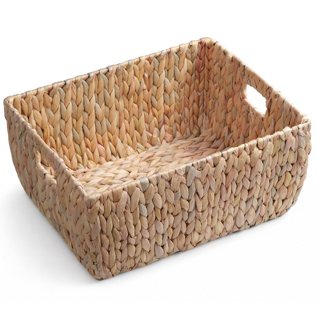 Water Hyacinth Storage Basket with Handles, Handwoven Arrow Weave Organizer Bin for Shelves, Closet, Nursery, or Living Room