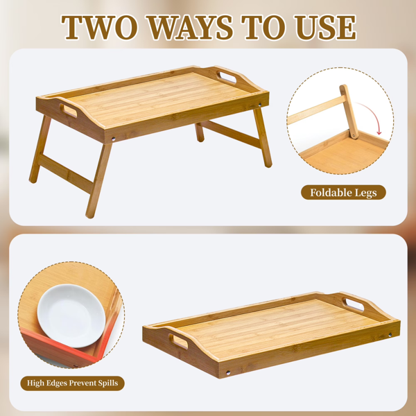 Bamboo Bed Tray Table with Foldable Legs, 19.29" Wooden Breakfast Serving Tray with High Edges and Handles, Laptop Sofa Desk for Adults