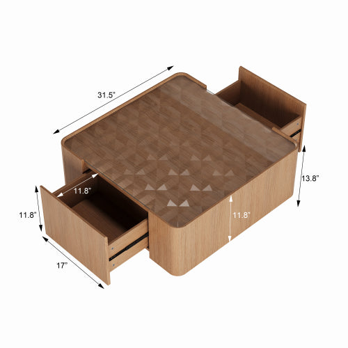 AEELLEEA 31.5" Modern Square Coffee Table with Glass Top and 2 Storage Drawers, Wood Finish Center Table for Living Room
