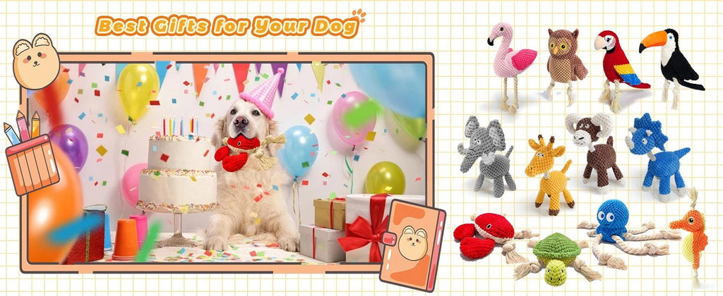 4-Pack Squeaky Dog Toys Set Sea Crinkle Plush Toy Rope Toys for Dogs Tug of War Toy & Oral Care Puppy Toys for Small Medium Large Dogs