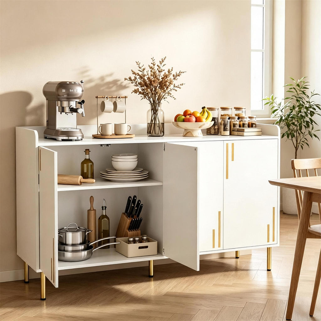 AEELLEEA 55"W White 4-Door Storage Sideboard Cabinet, 33"H Buffet Cabinet with Gold Metal Legs for Kitchen Dining Room
