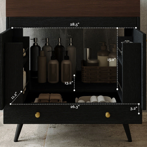 Modern Freestanding Bathroom Vanity with Sink, Black Walnut 2-Door Storage Cabinet with Drawer and Wood Top, Lavatory Console for Bathroom