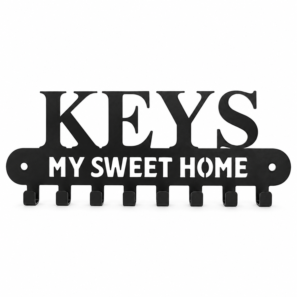 Wall Mounted Key Holder with 8 Hooks, Black Metal Decorative "My Sweet Home" Key Rack Organizer for Entryway Kitchen Bathroom