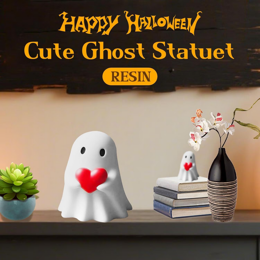 AEELLEEA Cute Ghost Figurine with Red Heart, Resin Halloween Tabletop Decor, Small Spooky Ghost Statue for Desktop Shelf Home Holiday Decoration