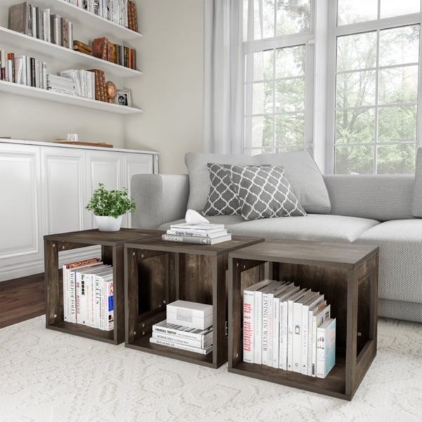 AEELLEEA 15.75" Modular Cube Storage Organizer, Wood Grain Side Table and Record Storage Shelf, Brown