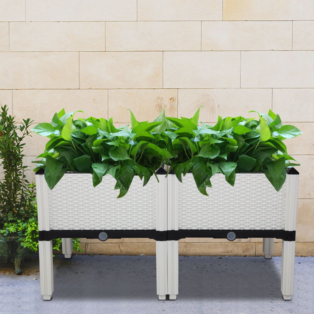 AEELLEEA-2Pcs Free Splicing Injection Planting Box, White Rattan Texture Plastic Raised Garden Planter for Balcony Patio Herb Vegetable Growing