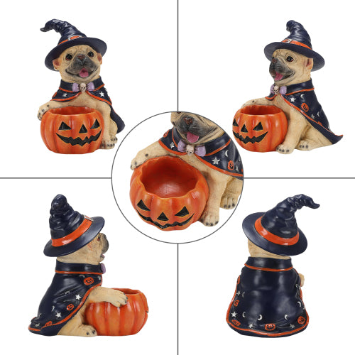 AEELLEEA Halloween French Bulldog Witch Puppy Figurine, Dog Statue with Pumpkin Candy Bowl, Tabletop Holiday Storage Decor