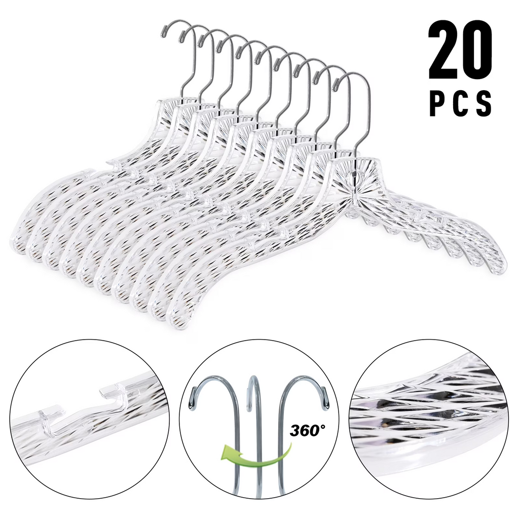 AEELLEEA Crystal Clear Plastic Clothes Hangers 20 Pack, Diamond Cut Garment Hangers with 360° Swivel Metal Hook, Heavy Duty Non Slip Notches for Closet Dress Shirt Coat Storage