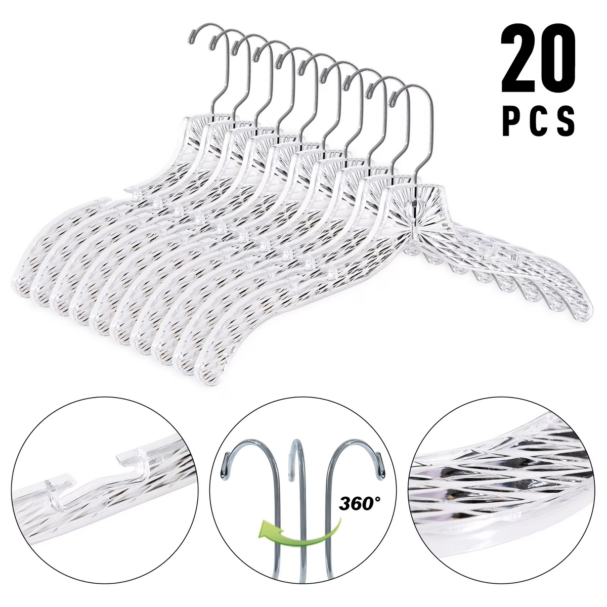 AEELLEEA Crystal Clear Plastic Clothes Hangers 20 Pack, Diamond Cut Garment Hangers with 360° Swivel Metal Hook, Heavy Duty Non Slip Notches for Closet Dress Shirt Coat Storage