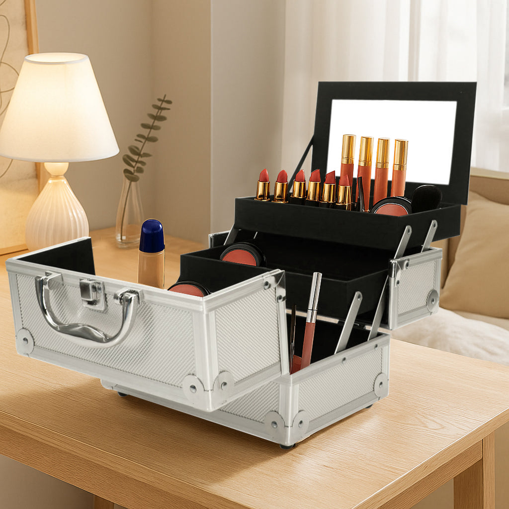 Makeup Train Case Makeup Box 9x6x6 Inch Makeup Organizer Box with Mirror, Portable Travel Cosmetic Case, Handheld Makeup Storage Carrying Bag