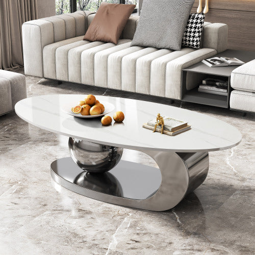 Coffee Table 49.2 Inch, Oval Marble Look Table with Flowing Metal Base and Ball Accent, Modern Luxury Center Table