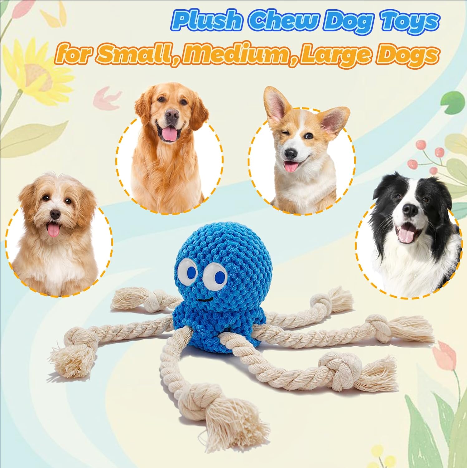 4-Pack Squeaky Dog Toys Set Sea Crinkle Plush Toy Rope Toys for Dogs Tug of War Toy & Oral Care Puppy Toys for Small Medium Large Dogs
