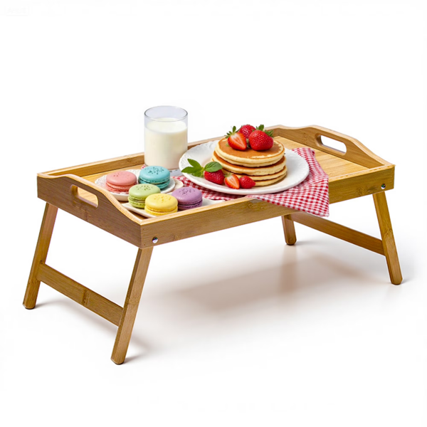 Bamboo Bed Tray Table with Foldable Legs, 19.29" Wooden Breakfast Serving Tray with High Edges and Handles, Laptop Sofa Desk for Adults