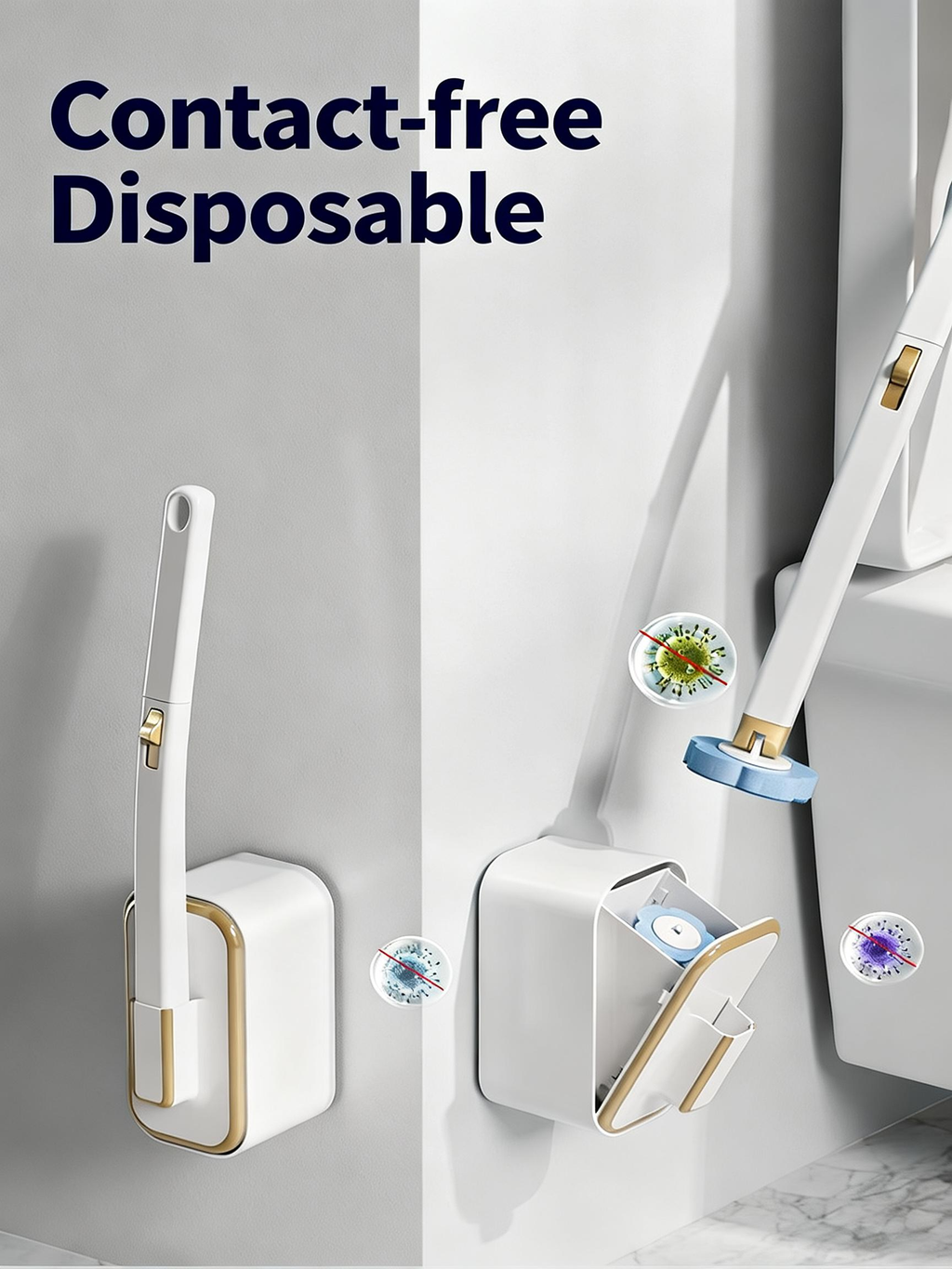 AEELLEEA Disposable Toilet Brush with Storage Caddy, Long Handle No-Touch Toilet Cleaner, 24 Built-in Soap Refill Pads for Bathroom