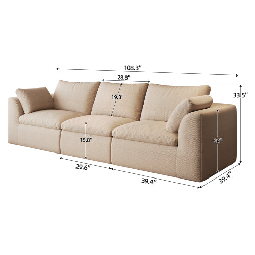 Modular Sofa 108 Inch, Khaki Fabric 3 Seater Sectional Sofa with Removable Cushions, Compact Sofa for Living Room