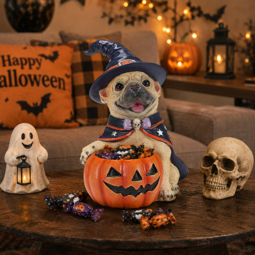 AEELLEEA Halloween French Bulldog Witch Puppy Figurine, Dog Statue with Pumpkin Candy Bowl, Tabletop Holiday Storage Decor