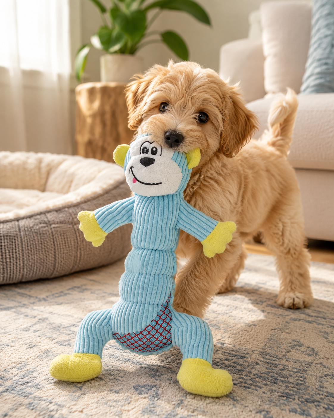 Plush Squeaky Monkey Dog Chew Toy, Corduroy Interactive Puppy Teething Toy, Durable Stuffed Pet Play Toy for Small Medium Dogs