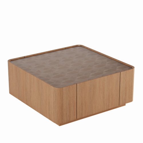 AEELLEEA 31.5" Modern Square Coffee Table with Glass Top and 2 Storage Drawers, Wood Finish Center Table for Living Room