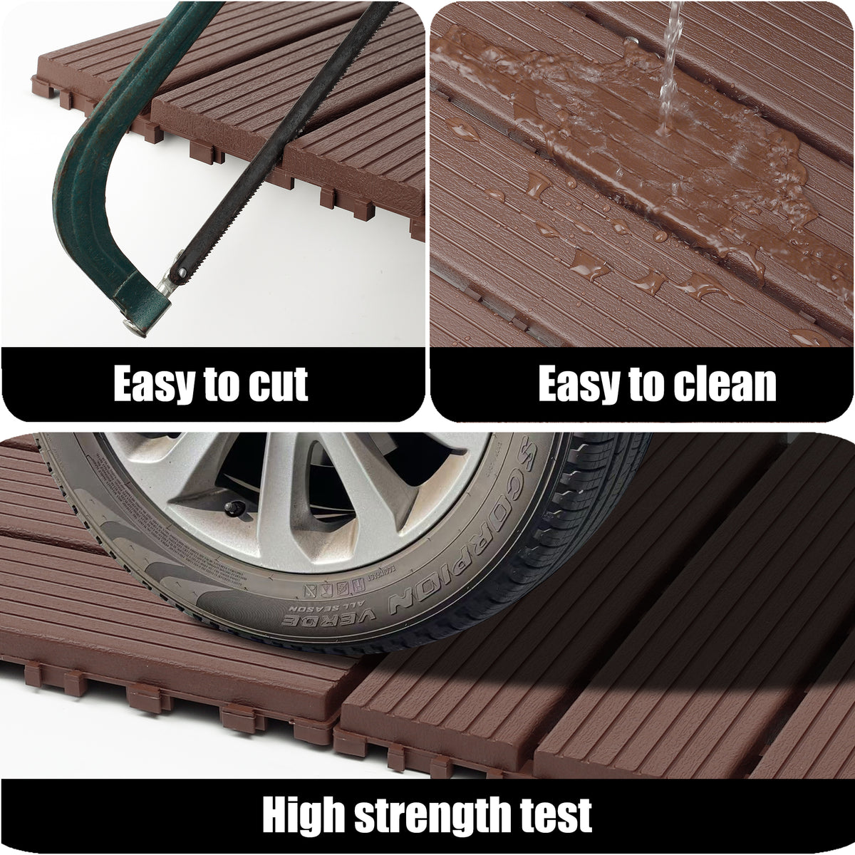 AEELLEEA 12 Inch Brown PP Interlocking Deck Tiles, 44 Pack Waterproof Patio Flooring Tiles, Non-Slip Drainage Outdoor Decking for Backyard Poolside Balcony
