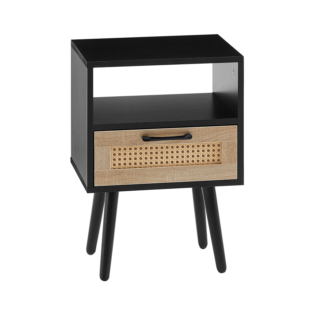 AEELLEEA- Black Rectangle Side Table, MDF Frame with Solid Wood Legs & Rattan Accent, 120 lbs Weight Capacity
