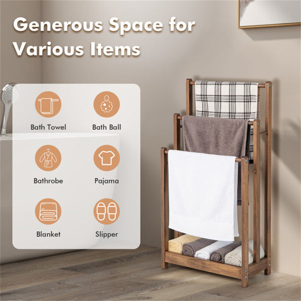 Towel Rack Stand 3 Tier, Brown Solid Wood Freestanding Towel Ladder with Shelf, Anti Toppling Towel Rack for Bathroom Laundry