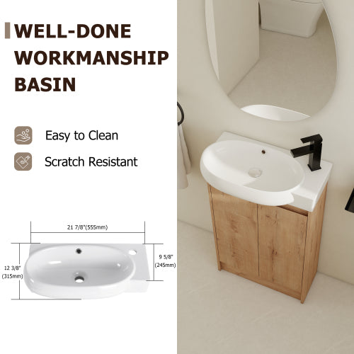 23 Inch Bathroom Vanity with Sink, Freestanding Light Oak Bathroom Cabinet with Ceramic Basin, Soft Close Door
