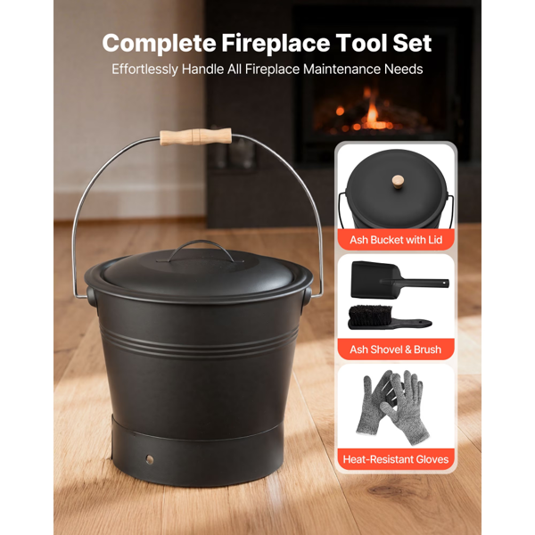 AEELLEEA 2.6 Gal Fireplace Ash Bucket with Lid, Shovel, Brush and Gloves, Metal Coal and Firewood Storage Pail, Black