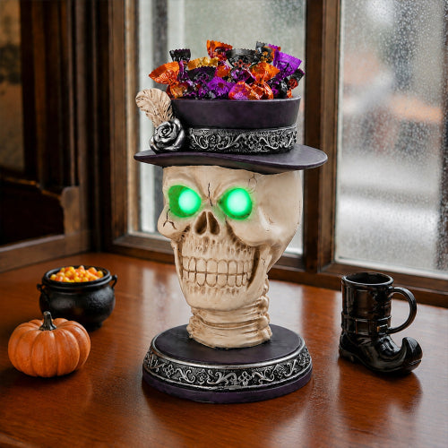 AEELLEEA Halloween Resin Skull Candle Holder ，Feather Top Hat Gothic Statue, Spooky Tabletop Decor for Party