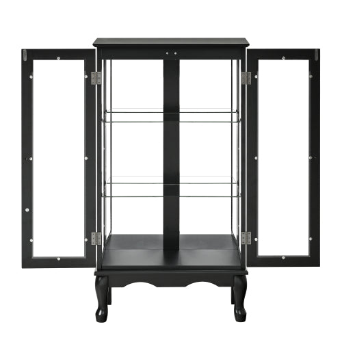 AEELLEEA Black Curio Display Cabinet with Tempered Glass Doors, Adjustable Shelves & Acrylic Mirror Back Panel