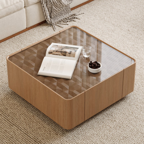 AEELLEEA 31.5" Modern Square Coffee Table with Glass Top and 2 Storage Drawers, Wood Finish Center Table for Living Room