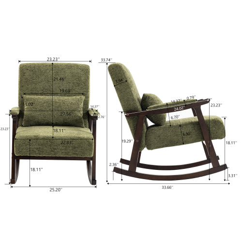 Mid-Century Modern Rocking Chair, Olive Green Upholstered Rocker with Wood Frame Lumbar Pillow, Nursery Glider for Living Room Bedroom
