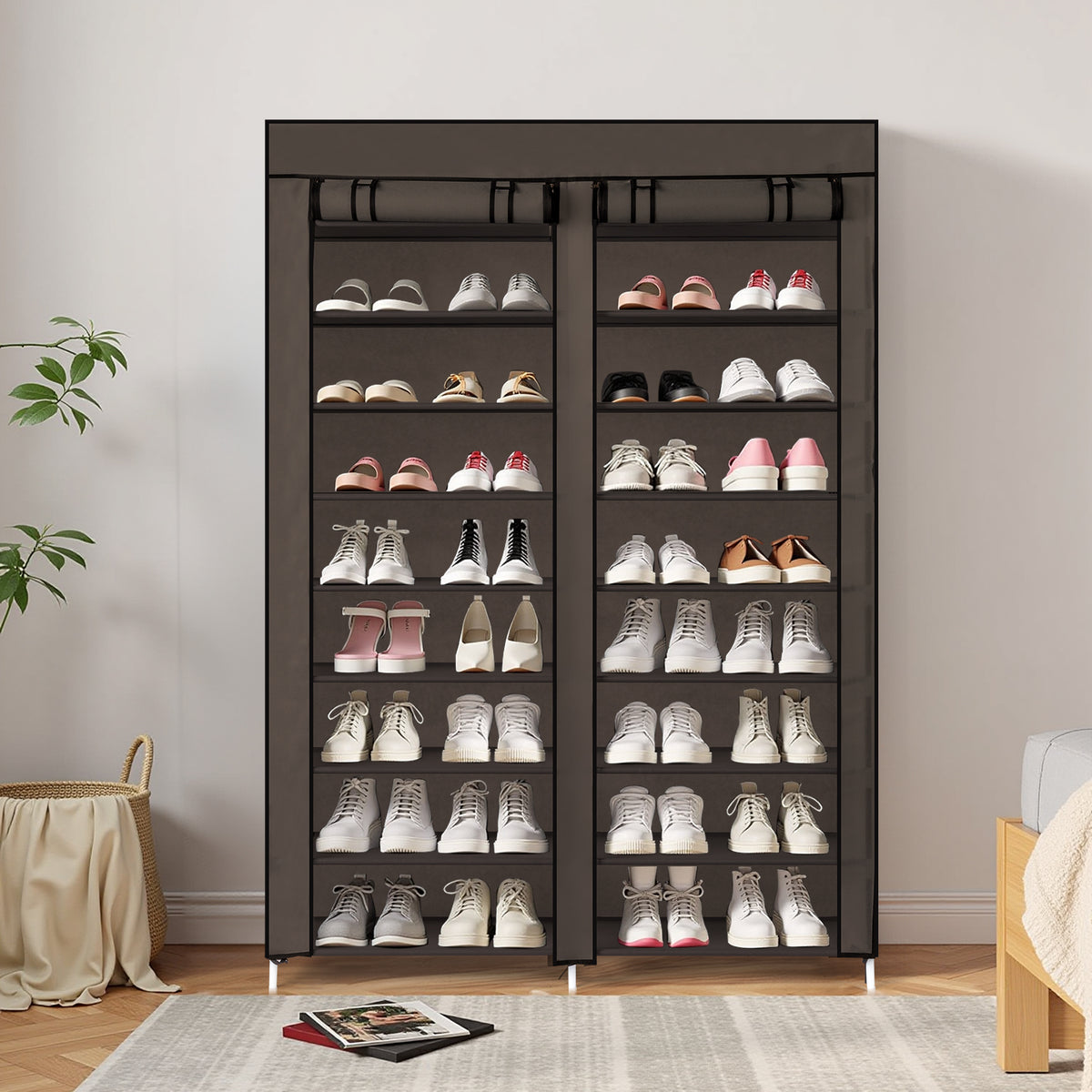 AEELLEEA- 10-Tier Double Row Shoe Rack, Gray Fabric Shoe Storage Organizer with Iron Frame, Freestanding Entryway Shoe Cabinet
