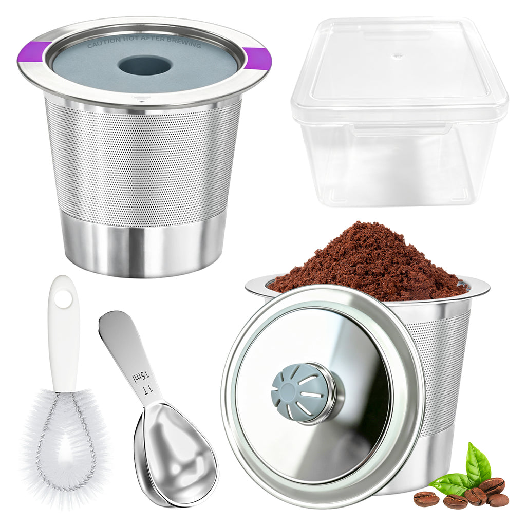 AEELLEEA 2 Pack Reusable K Cups, 304 Stainless Steel Coffee Pods with Scoop Brush Storage Box for 1-Prong Keurig