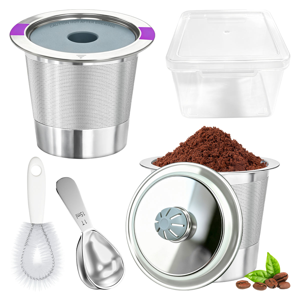 AEELLEEA 2 Pack Reusable K Cups, 304 Stainless Steel Coffee Pods with Scoop Brush Storage Box for 1-Prong Keurig
