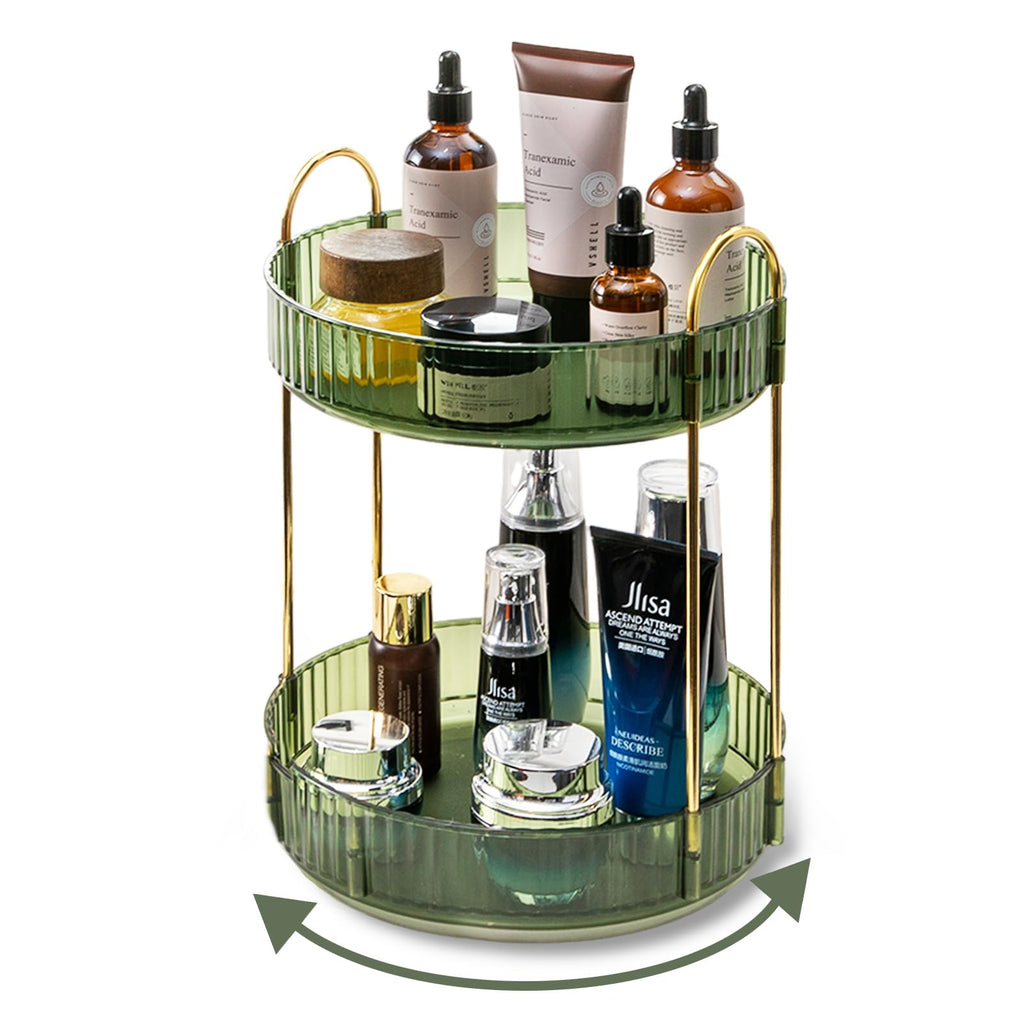 360° Rotating Makeup Organizer, 2-Tier Vanity Organizer for Skincare and Cosmetics, Spinning Perfume Holder, Bathroom Counter Storage, Green