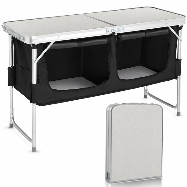 Aeelleea Portable Folding Camping Table, 47.2×18.5 Inch Aluminum Outdoor Cook Station with Storage Cabinet, 3 Adjustable Heights for Picnic BBQ