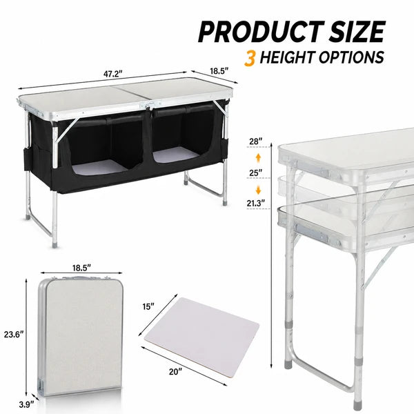 Aeelleea Portable Folding Camping Table, 47.2×18.5 Inch Aluminum Outdoor Cook Station with Storage Cabinet, 3 Adjustable Heights for Picnic BBQ