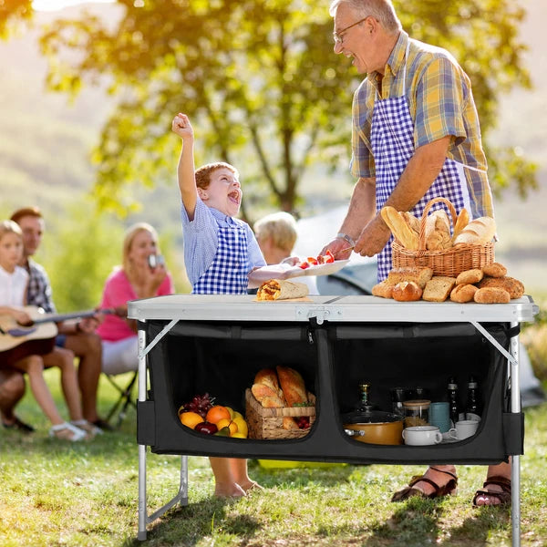 Aeelleea Portable Folding Camping Table, 47.2×18.5 Inch Aluminum Outdoor Cook Station with Storage Cabinet, 3 Adjustable Heights for Picnic BBQ