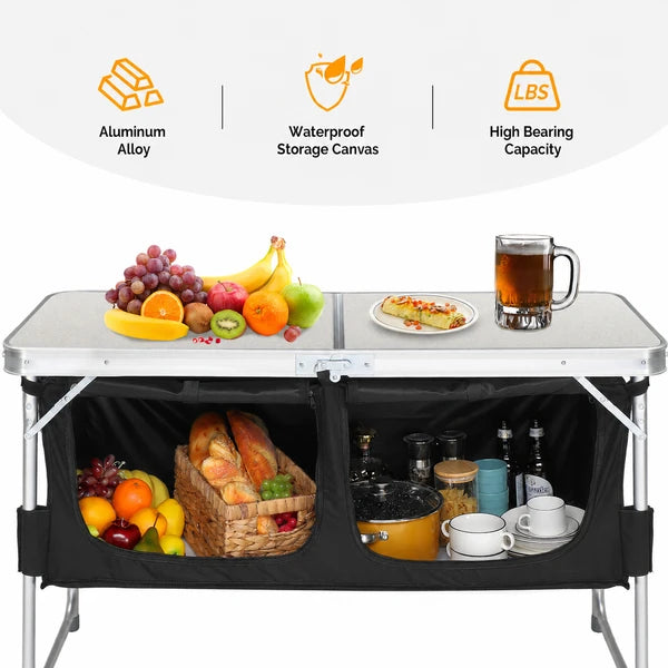 Aeelleea Portable Folding Camping Table, 47.2×18.5 Inch Aluminum Outdoor Cook Station with Storage Cabinet, 3 Adjustable Heights for Picnic BBQ