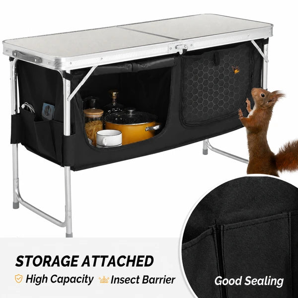 Aeelleea Portable Folding Camping Table, 47.2×18.5 Inch Aluminum Outdoor Cook Station with Storage Cabinet, 3 Adjustable Heights for Picnic BBQ