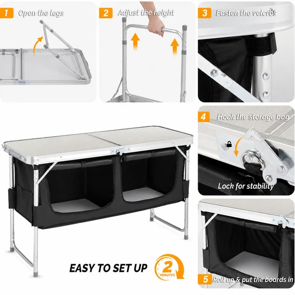 Aeelleea Portable Folding Camping Table, 47.2×18.5 Inch Aluminum Outdoor Cook Station with Storage Cabinet, 3 Adjustable Heights for Picnic BBQ