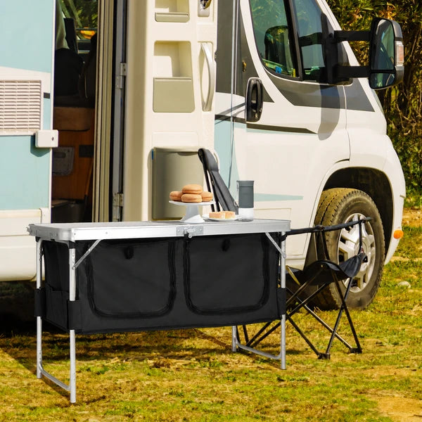 Aeelleea Portable Folding Camping Table, 47.2×18.5 Inch Aluminum Outdoor Cook Station with Storage Cabinet, 3 Adjustable Heights for Picnic BBQ