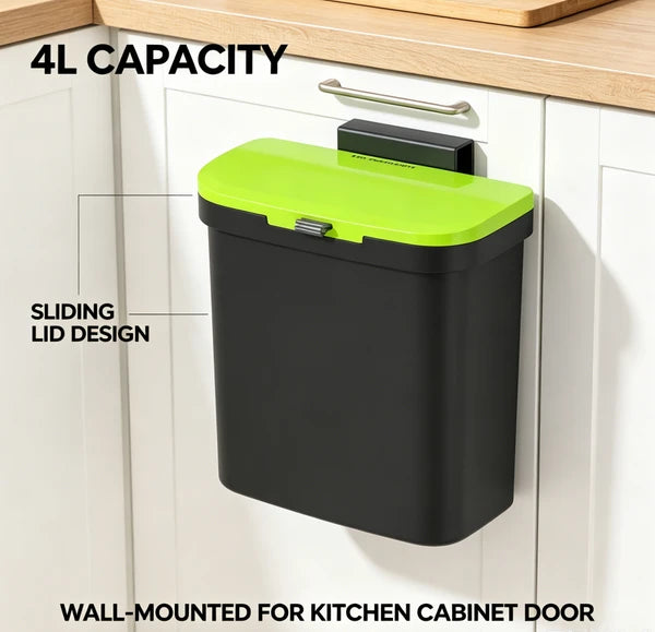 4L Wall Mounted Sliding Lid Trash Can, Under Cabinet Hanging Kitchen Compost Bin Odor Sealed Food Waste Caddy