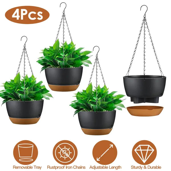 4 Pack Self-Watering Hanging Planters 9.6 Inch, Plastic Hanging Flower Pots with Removable Water Tray & Drainage Holes