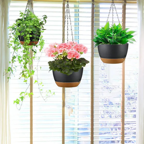 4 Pack Self-Watering Hanging Planters 9.6 Inch, Plastic Hanging Flower Pots with Removable Water Tray & Drainage Holes