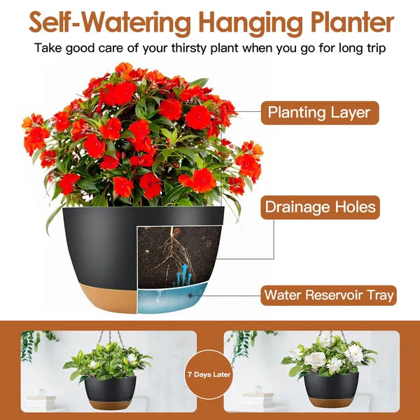 4 Pack Self-Watering Hanging Planters 9.6 Inch, Plastic Hanging Flower Pots with Removable Water Tray & Drainage Holes